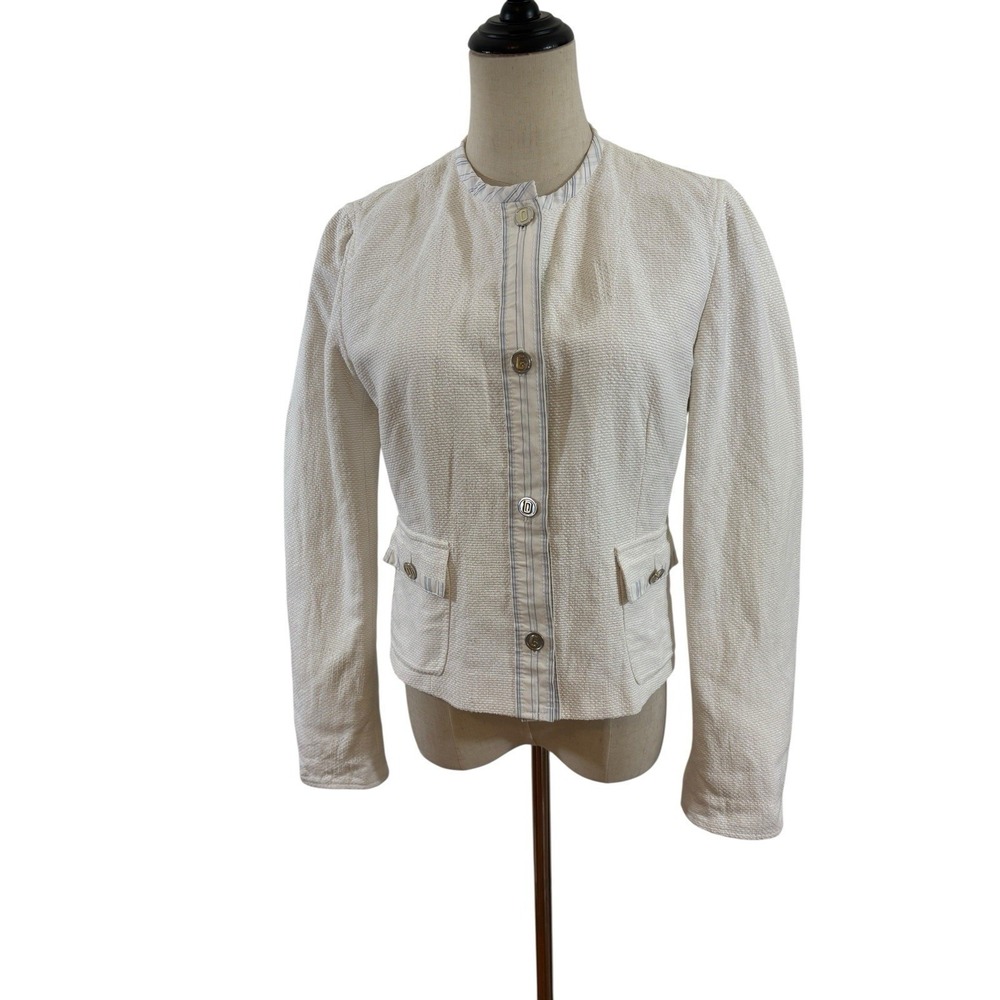 Dolce & Gabbana Jacket Womens 44 White Striped Trim Textured Blazer logo buttons